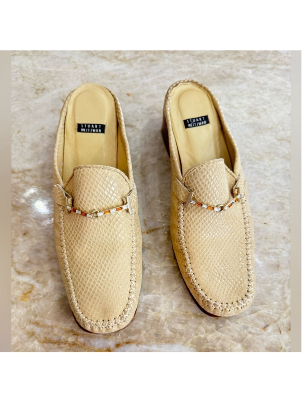 Stuart Weitzman Tan snake leather jeweled Mules Refined Comfort heel